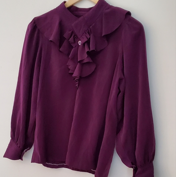 Plum Ruffle Vintage 80s Long Sleeve Button Up Blouse - Picture 13 of 13
